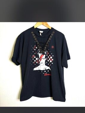 David Bowie upcycled Black Lace-Up Graphic Tee keyhole neck sz XL tshirt top